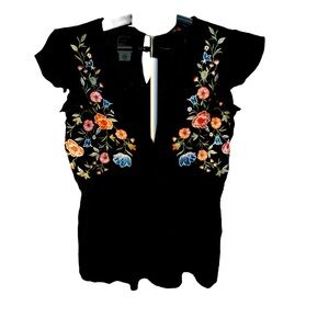 Mon Amie Women's Peasant Embroidered Boho CottageCorp V-neck Blouse Size L